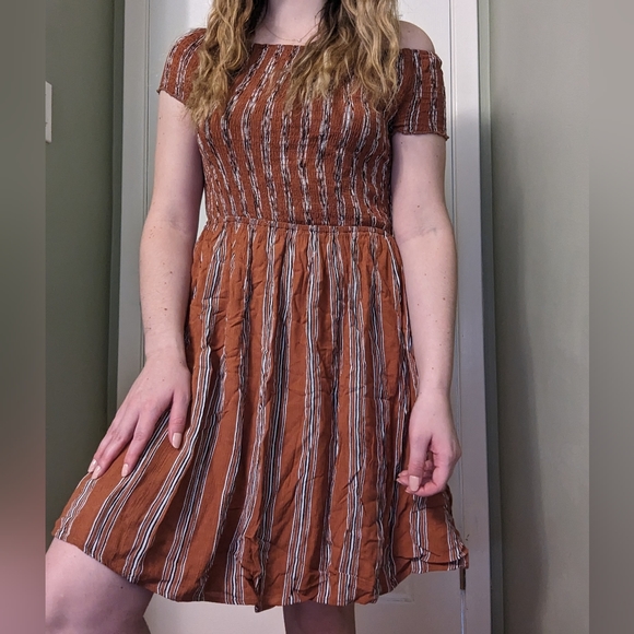 Mei Smocked Off the Shoulder Dress | Burnt Orange with Black & White Stripes - Picture 9 of 9